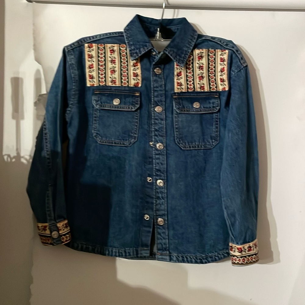 Upcycled Embellished kids blue jeans long sleeves jacket size 6x. Gently worn.
